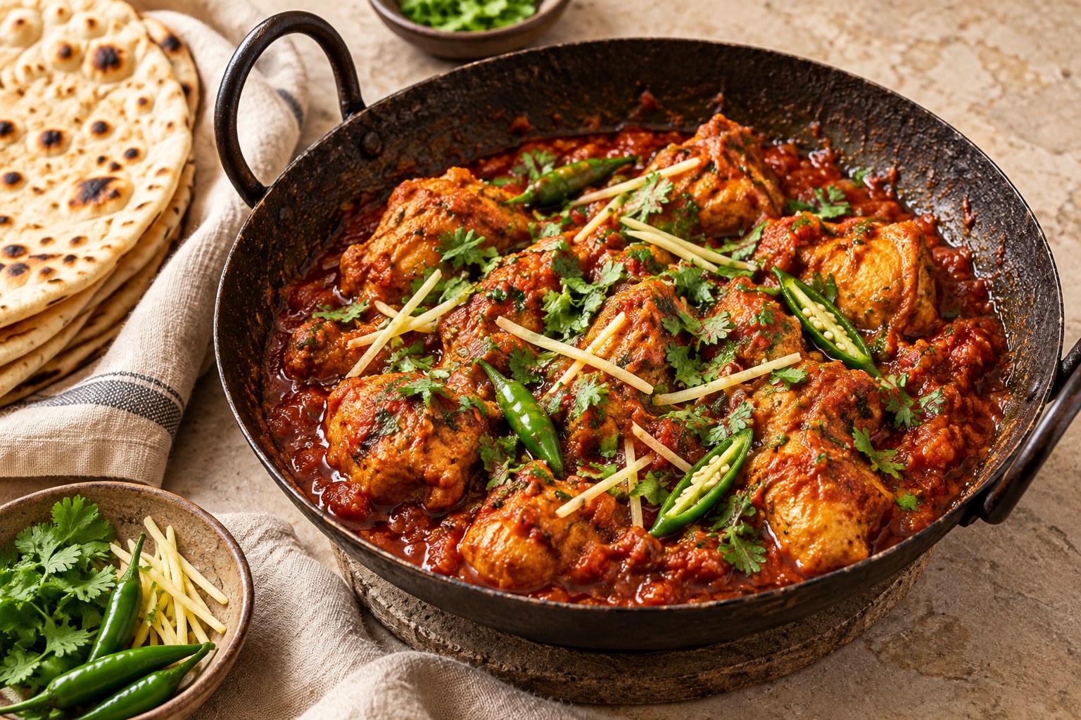 A warmly served chicken karahi, inspired by the Pakistani family table